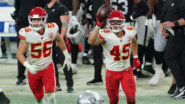 Nov 22, 2020; Paradise, Nevada, USA; Kansas City Chiefs defensive back Chris Lammons (45) celebrates with linebacker Ben Niemann (56) his interception against the Las Vegas Raiders during the second half at Allegiant Stadium. Mandatory Credit: Kirby Lee-USA TODAY Sports